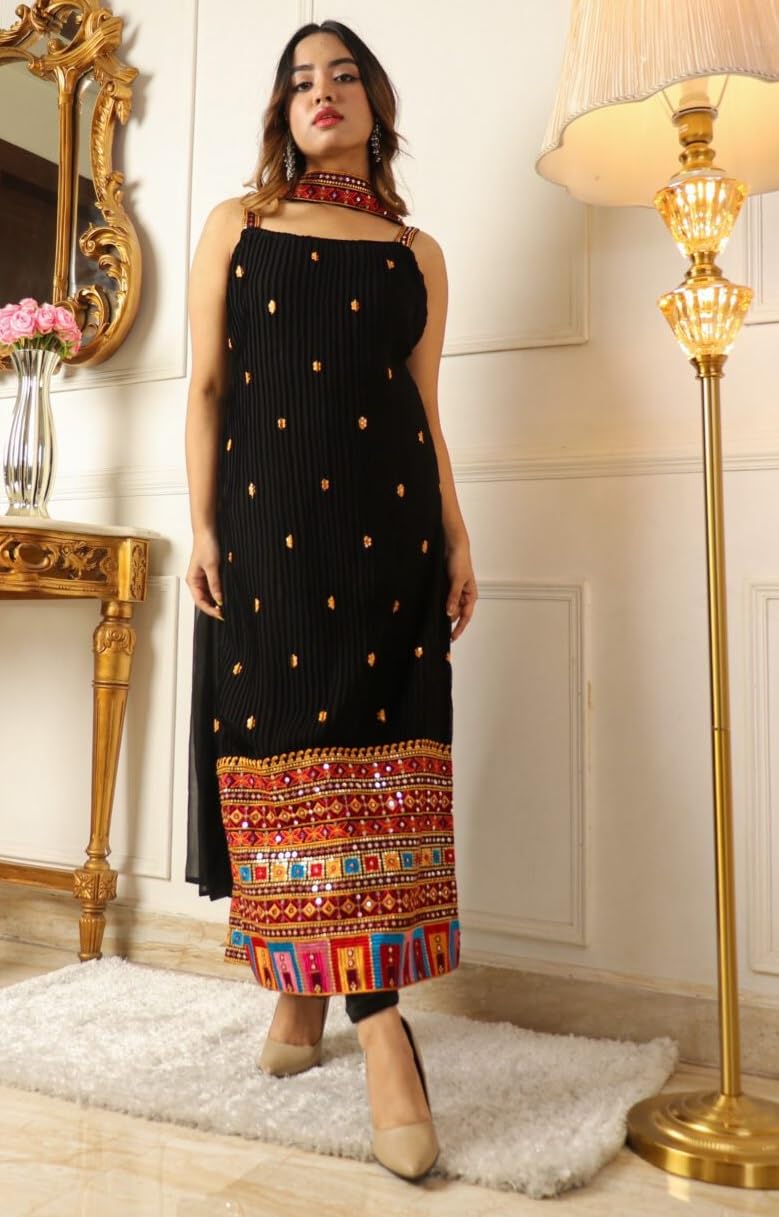Fashion Basket Georgette Embroidered Black Kurta Set for Women