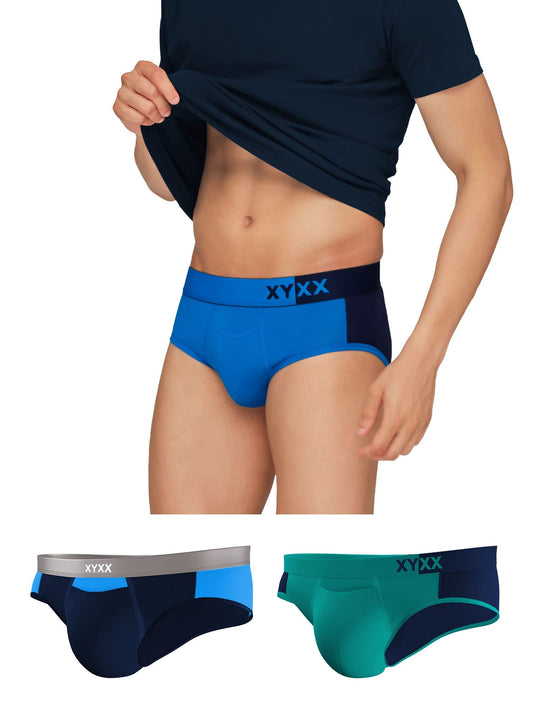 XYXX Mens Underwear Dualist IntelliSoft Antimicrobial Micro Modal Brief Pack of 3 (Brilliant Blue & Black Iris ; Navigate & Bla