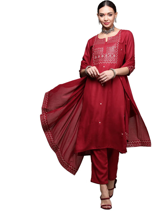 anubhutee Women's Rayon Maroon Floral Embroidered Straight Kurta Suit Set With Pants And Dupatta