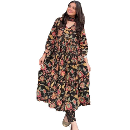 Gosriki WomenS Rayon Blend Anarkali Printed Kurta With Palazzo & Dupatta (Cia Black-Vks01-Gs_Xl_Black_X-Large)