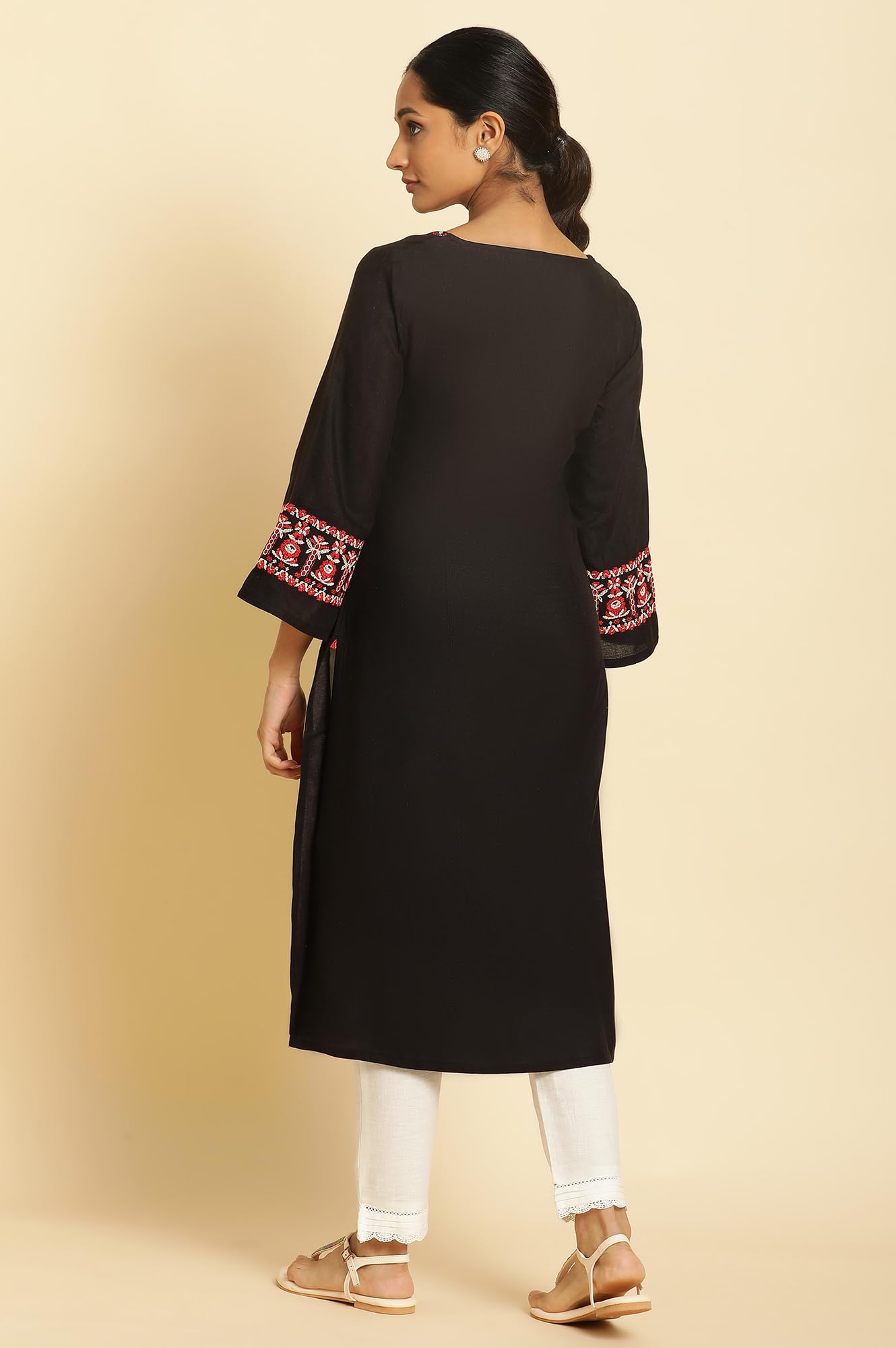 W For Woman Black Embroidered Rayon Blend Straight Long Kurta