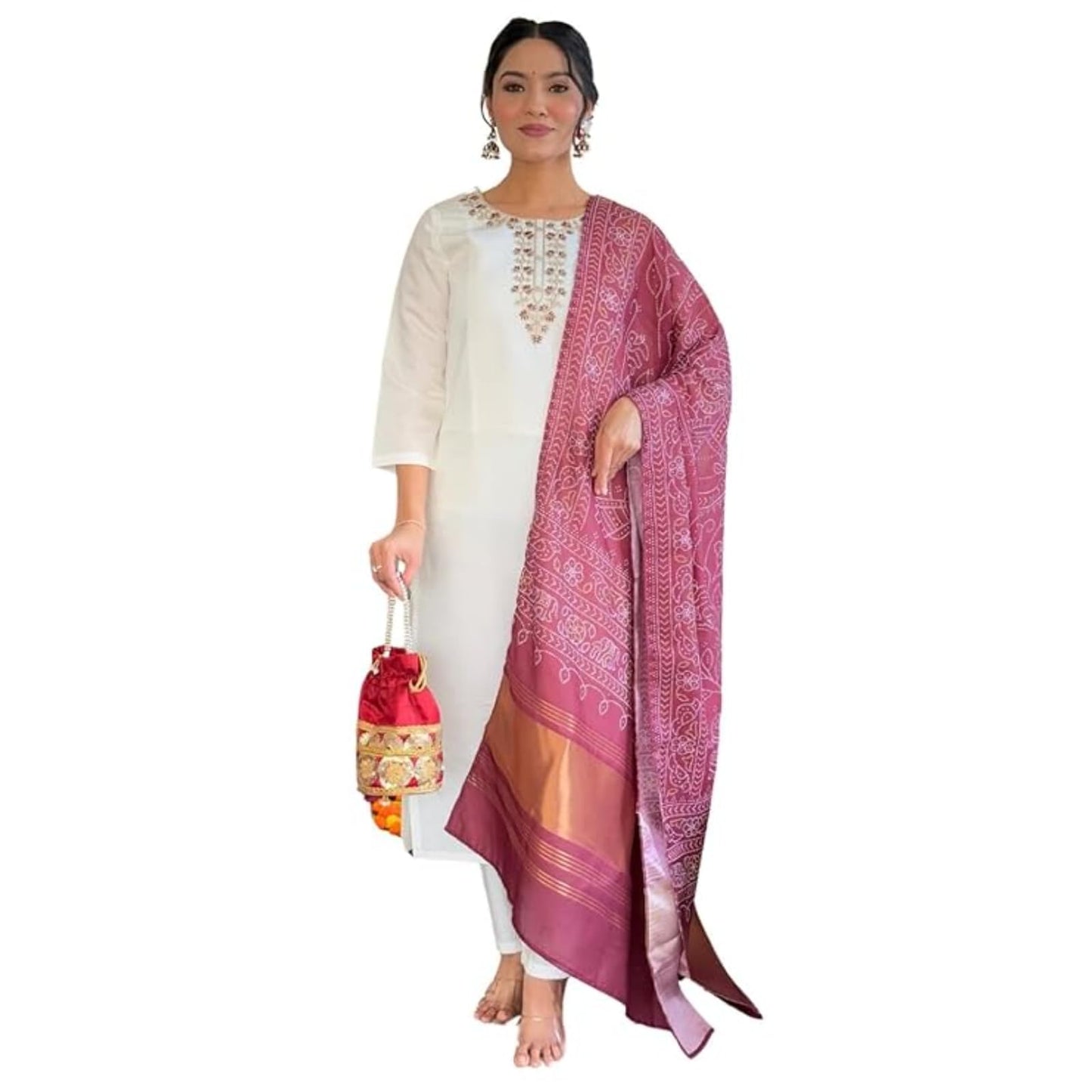Naixa WomenS Off White Roman Embroidered Straight Kurta With Roman Silk Pant And Silk Printed Dupatta Sets (Nx-M-Manvi-Offwhite
