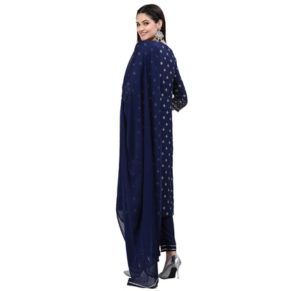 Stylum Women's Printed & Embroidered Rayon Straight Kurta Pant With Dupatta (Navy Blue)