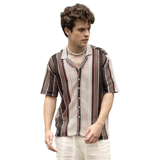 Campus Sutra Mens Multicolour Multitrack Knit Oversized Shirt for Casual Wear | Cuban Collar | Short Sleeve | Button Closure |
