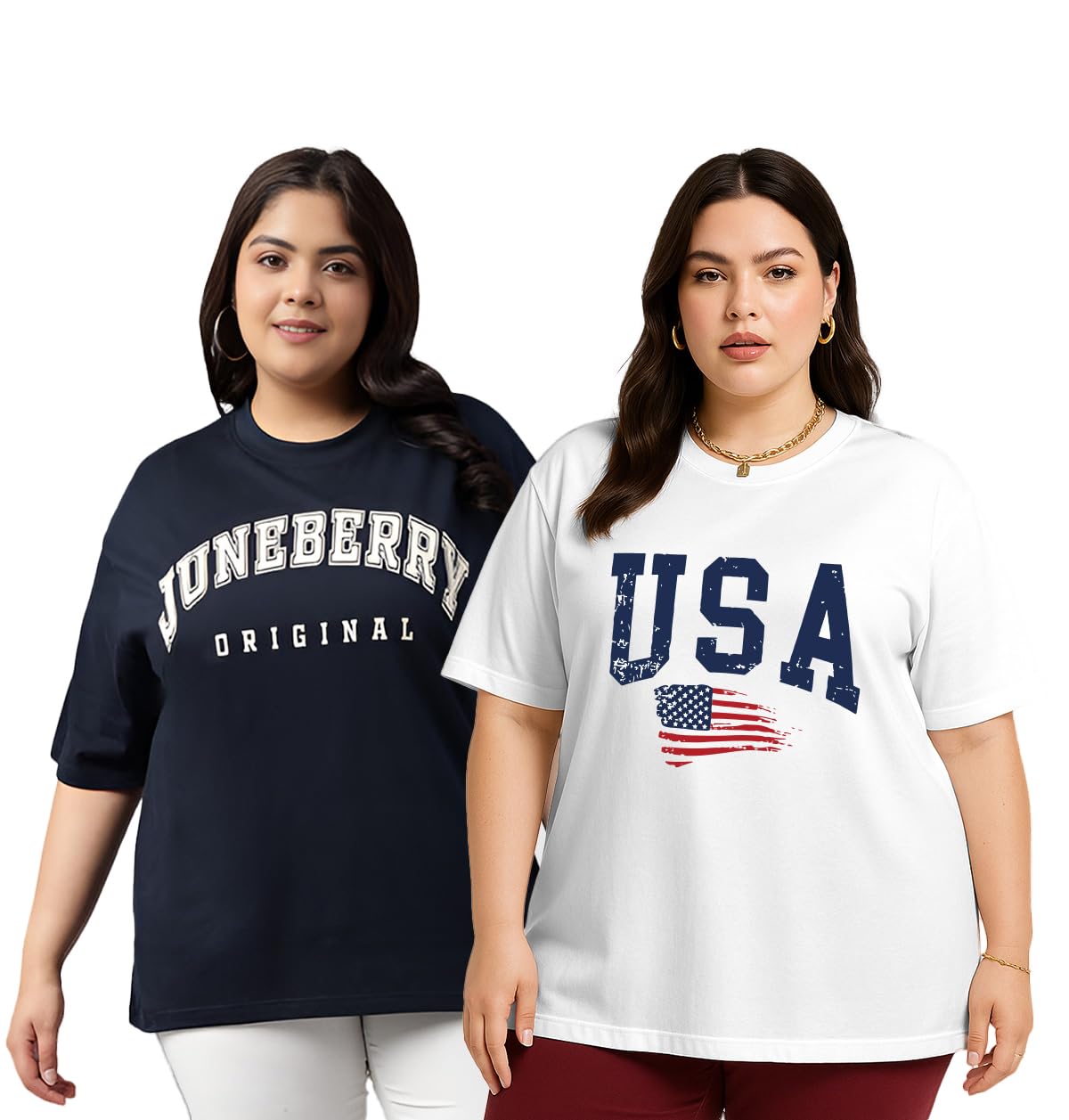 Juneberry 100% Pure Cotton Oversized Loose Baggy Fit Drop Shoulder Graphic Printed Plus Size T-Shirt Combo For Women (Pack Of 2)