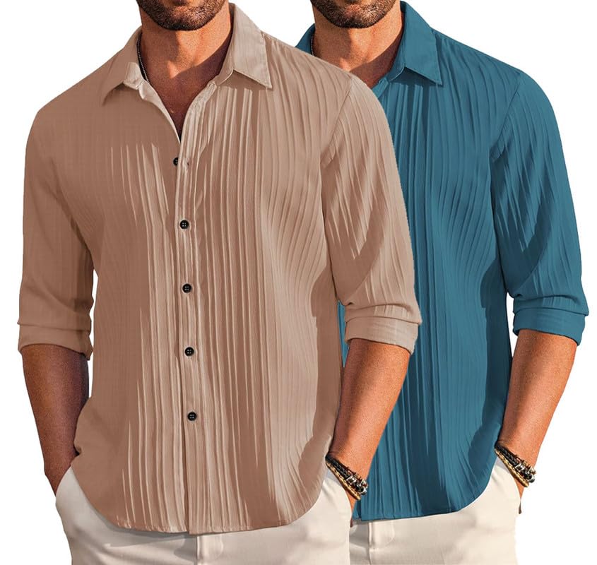 Deelmo Combo Of MenS Casual Button Down Shirts Long Sleeve Linen Shirt Fashion Textured Summer Shirts Pack Of 2