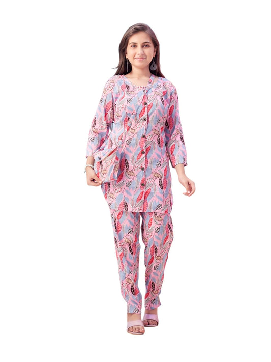 Aarika Girls Casual Wear Pink Colour Leaf Print Polyester Co-ord Set-8-15 Years (KP-TR-K-1060)