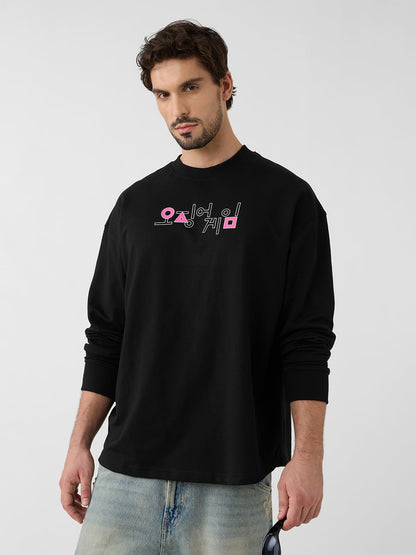 The Souled Store Squid Game: Players Men and Boys Round Neck Black Graphic Printed Cotton Oversized Full Sleeve T-Shirts