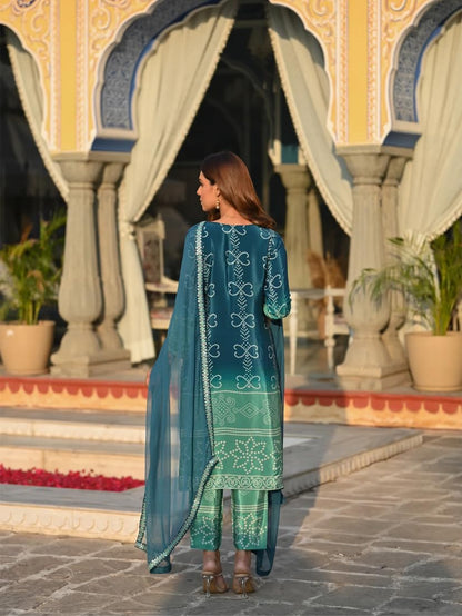 Wedani Soft Chinon Silk Bandhani Print with Sequence Embroidery Lace Border Kurta Pant Set with Dupatta for Women-Turquoise