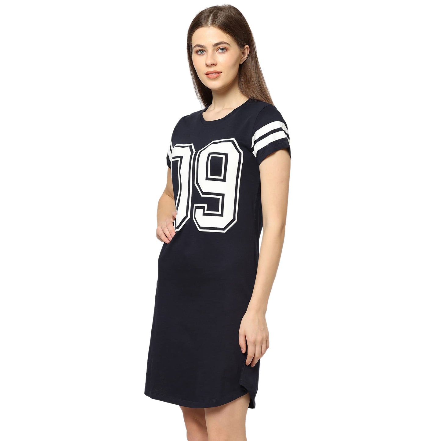 Sweet Dreams Women Typo Round Neck Half Sleeve Navy Blue Cotton Short Nighty