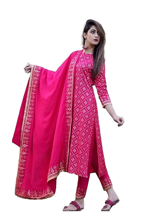 GoSriKi Women's Cotton Foil Printed Straight Kurta with Pant & Dupatta(NAVLIK-PINK-001__)