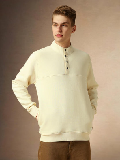 Dennis Lingo Men Off White Relaxed Fit Full Sleeve Mock Collar Sweatshirt.