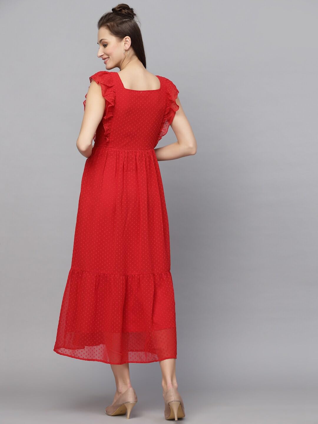 Avanova Georgette Jacquard Butti Red Square Neck Knee Length Western Dresses For Women