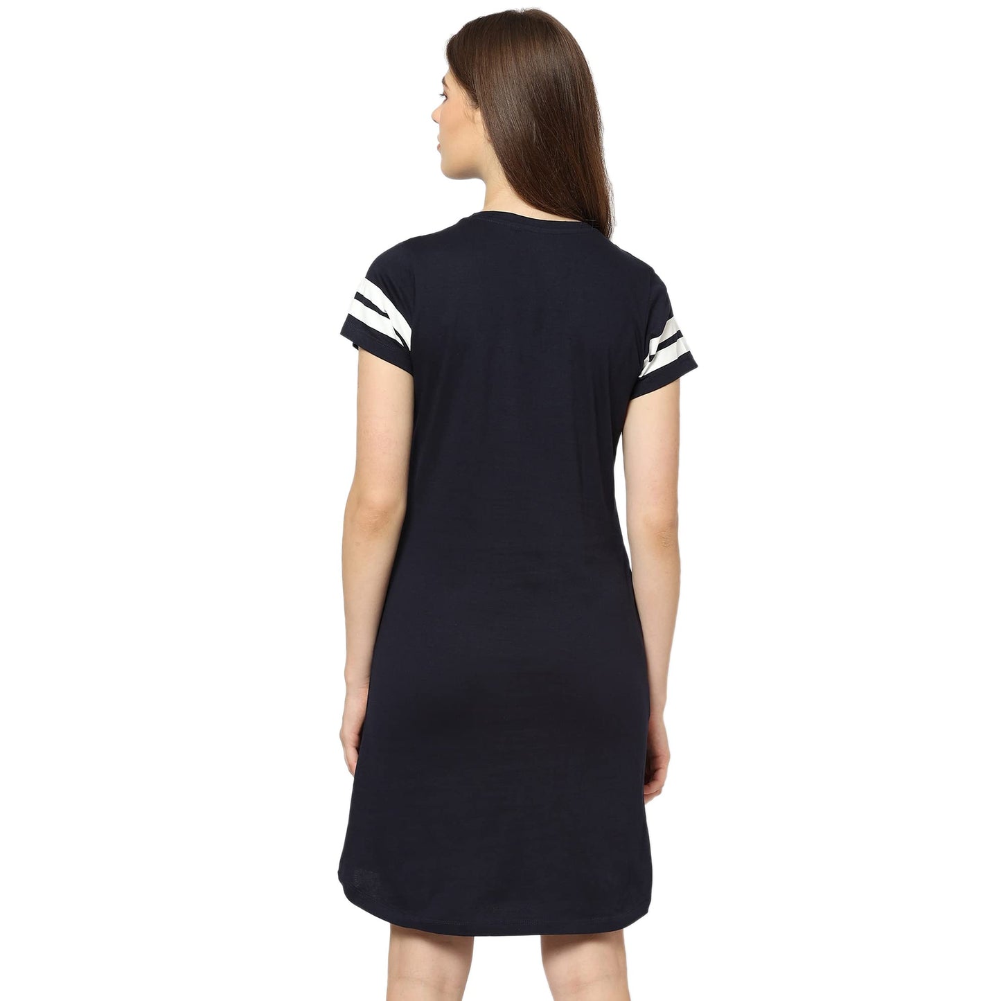 Sweet Dreams Women Typo Round Neck Half Sleeve Navy Blue Cotton Short Nighty