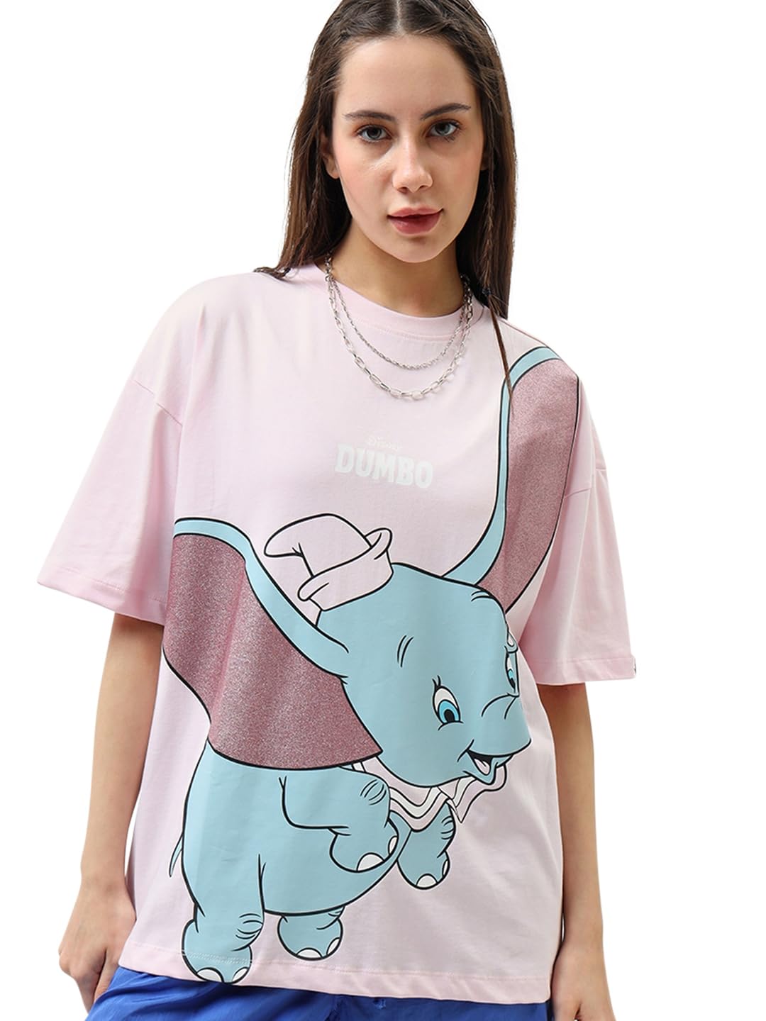 Bewakoof Official Disney Merchandise Womens Graphic Printed Oversized Half Sleeve Round Neck 100% Cotton T-Shirt_615048_Pink_2X