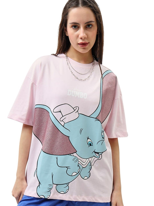Bewakoof Official Disney Merchandise Womens Graphic Printed Oversized Half Sleeve Round Neck 100% Cotton T-Shirt_615048_Pink_2X