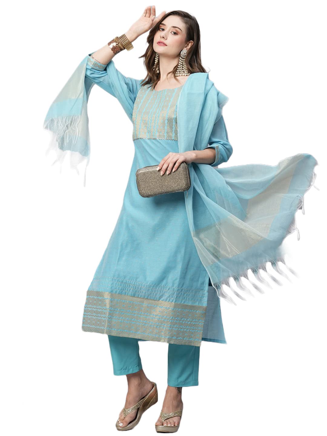 Gosriki WomenS Organza Straight Solid Kurta With Pant & Dupatta (Lahar-Firozi-Gs_M_Sky Blue_Medium)