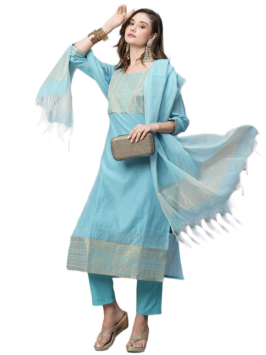 Gosriki WomenS Organza Straight Solid Kurta With Pant & Dupatta (Lahar-Firozi-Gs_M_Sky Blue_Medium)