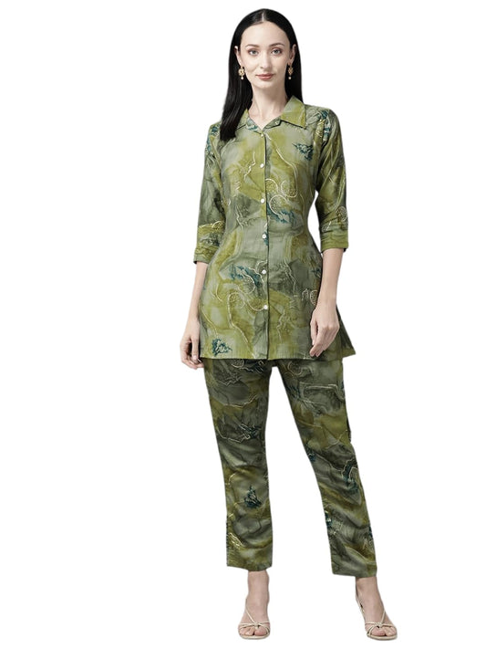 Aarika Womens Green Colour Silk Printed Co-ord Set