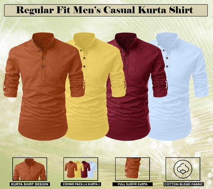 Zombom MenS Cotton Polyester Blend Solid Full Sleeve Regular Fit Kurta Shirt, Multicolor, M, Combo Set Of 4
