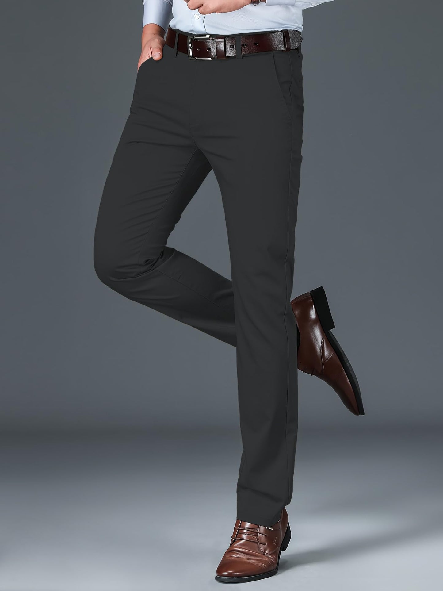 AVANOVA Mens Dark Grey Solid Trousers Light Business Style Slightly Stretch Straight Leg Pants for Outdoor Casual Daily (Trouse