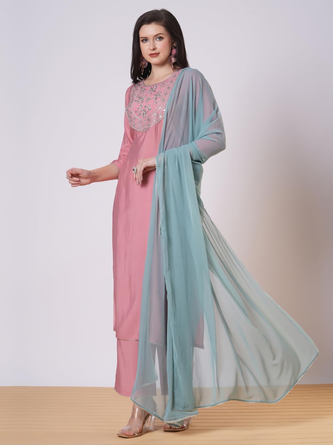 ANNI DESIGNER Women s viscose rayon embroidered straight Kurta with trousers and dupatta, Pink, XL