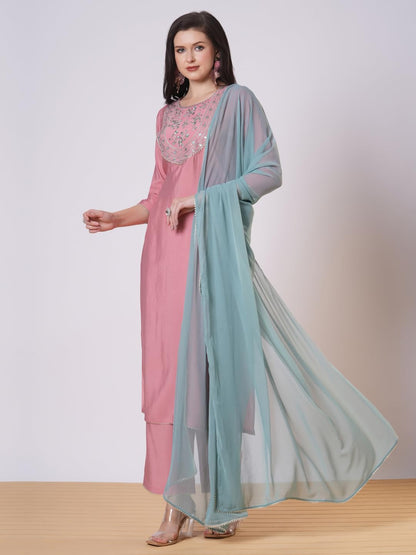 ANNI DESIGNER Women s viscose rayon embroidered straight Kurta with trousers and dupatta, Pink, XL