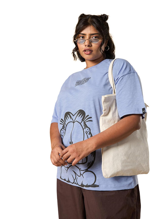 Bewakoof Air 1.0 Official Garfield Merchandise Womens Graphic Printed Oversized Fit Half Sleeve Round Neck Cotton Plus Size Tsh