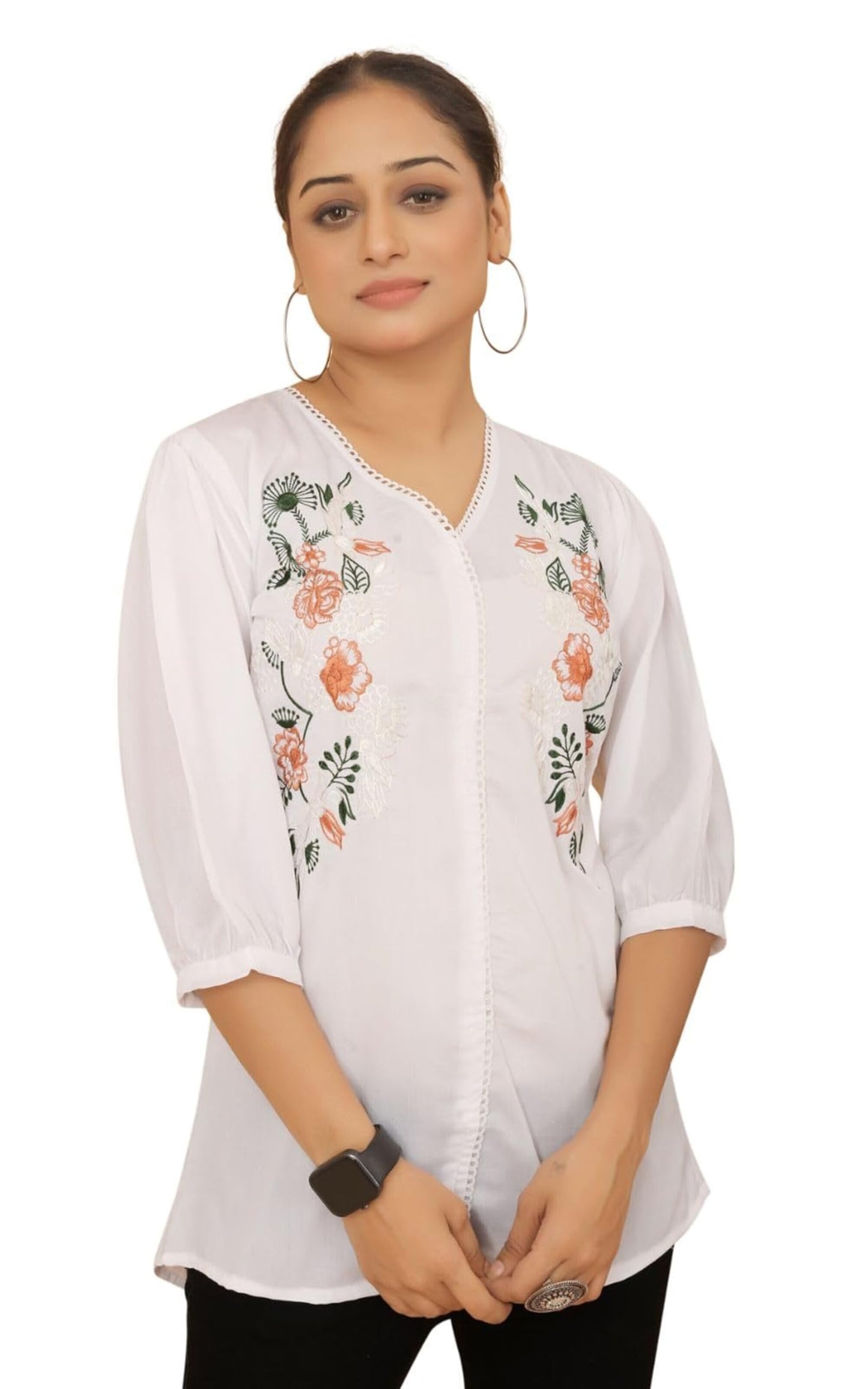 WomenS Embroidered V-Neck Tunic Top | Voscos Rayon 3/4 Balloon Sleeves Tunic For WomenS | Floral Design Casual Wear Top (In, A
