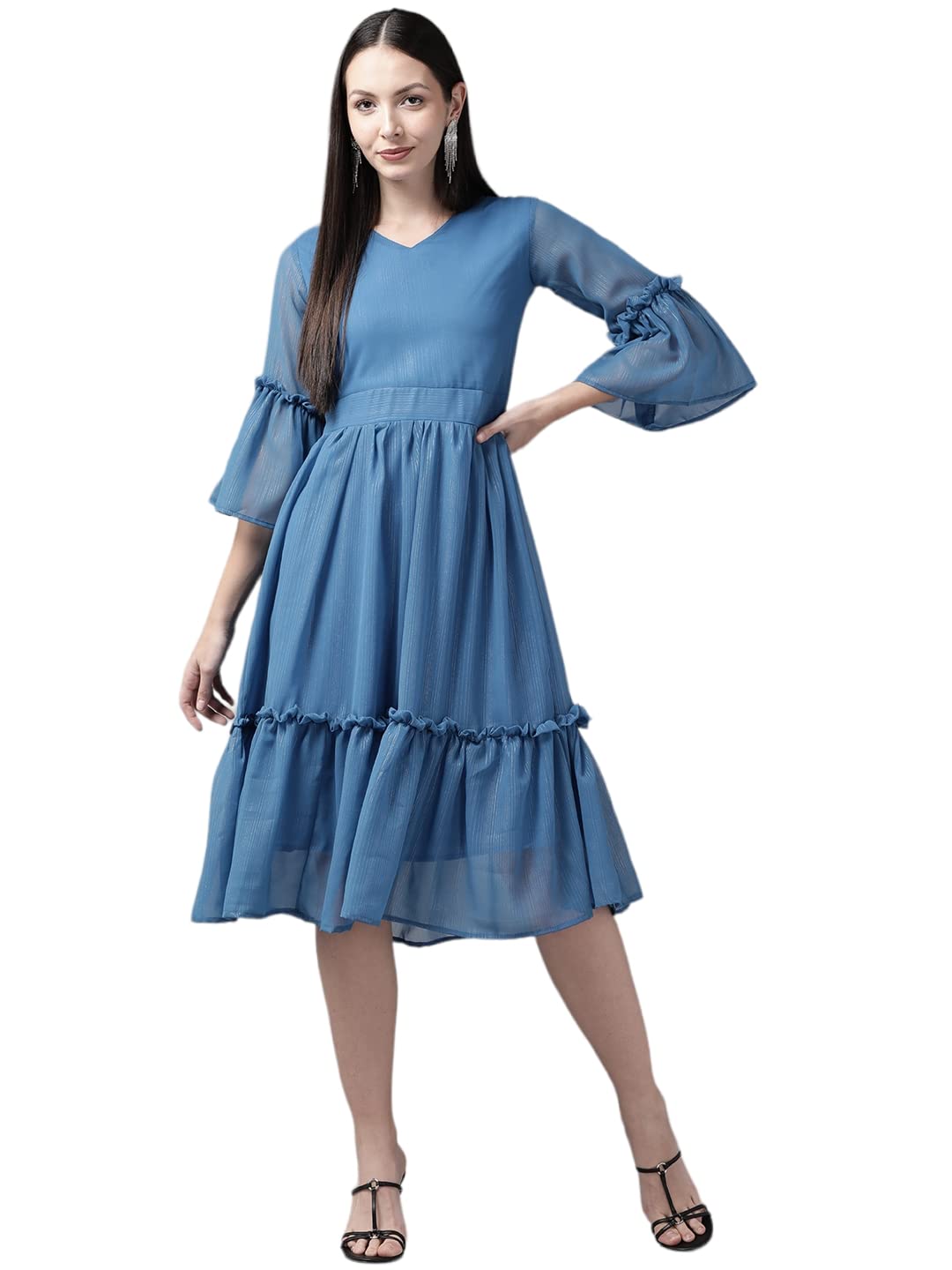 Aarika Women'S Georgette Skater Knee-Length Dress (Dr-Aw-015_Blue