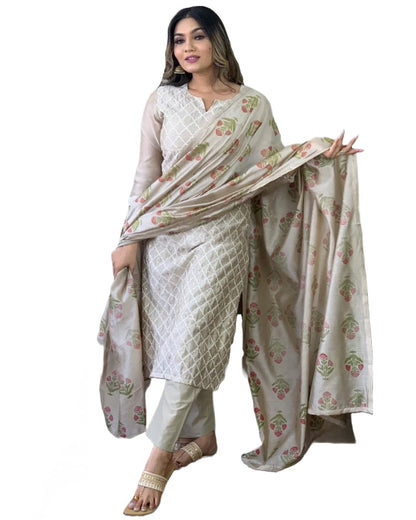 Gosriki WomenS Cotton Blend Embroidered Straight Kurta With Pant & Dupatta (Mysuru-Cream-Nw-Gs_L_Cream_Large)