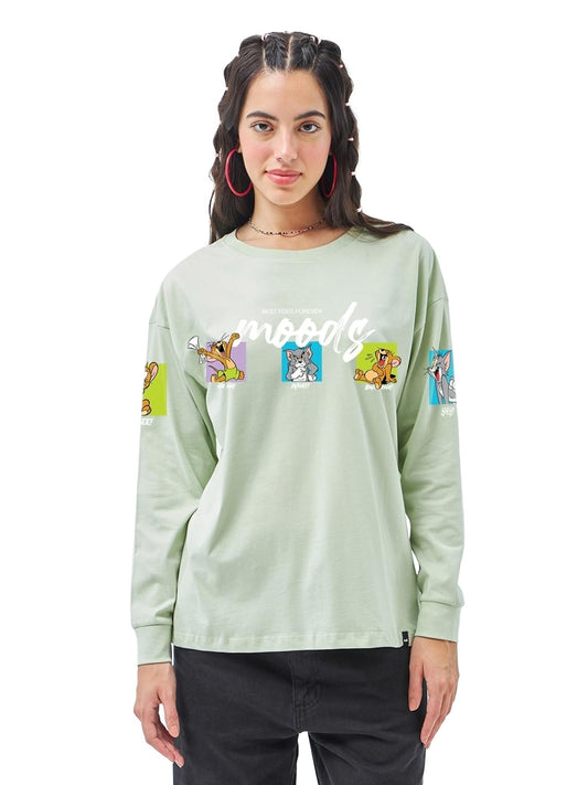 Bewakoof Official Tom & Jerry Merchandise Womens Graphic Printed Oversized Fit Full Sleeve Round Neck Cotton Jersey T-Shirt_ 62