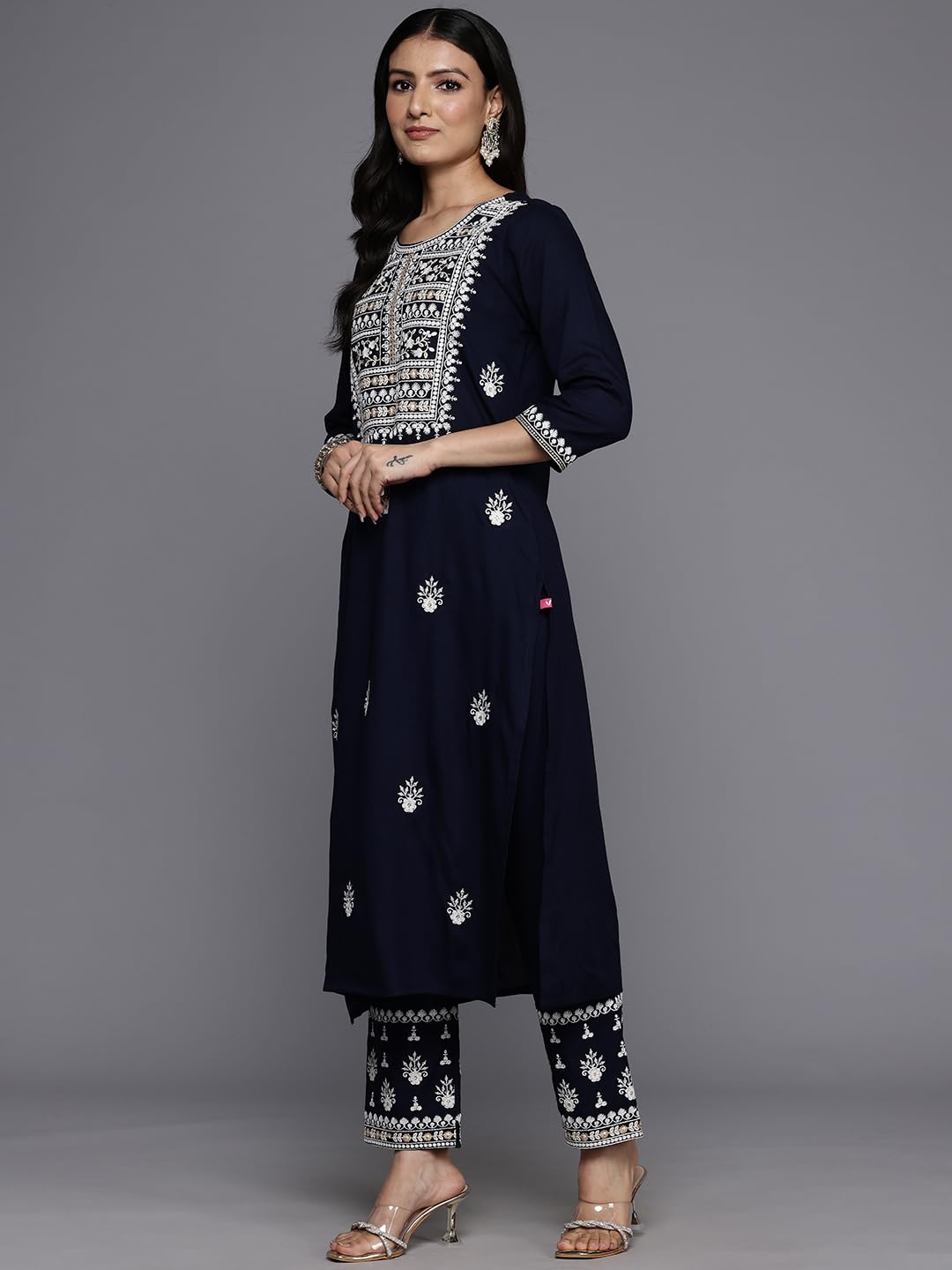 Varanga WomenS Navy Blue Round Neck Thread Embroidered Kurta Paired With Bottom And Dupatta