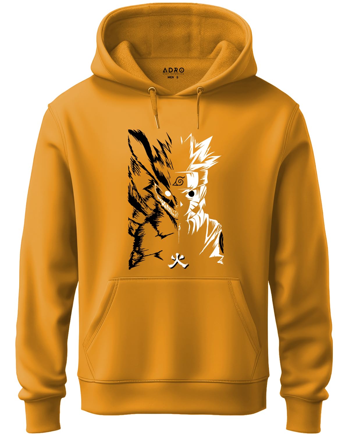 ADRO Mens Hoodies with Naruto Uzumaki Anime Printed, 100% Cotton 340GSM Warm & Soft Fabric. (H23-M-NRR-MU_Mustard)