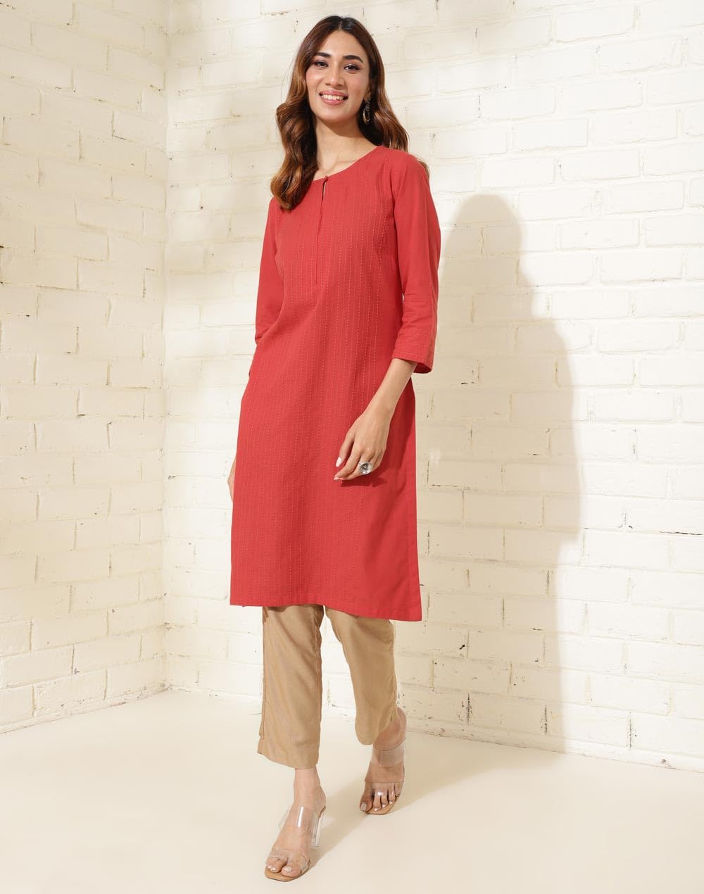 Fabindia WomenS Cotton Solid Slim Kurta (1037283Red_Red