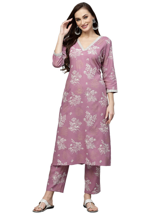 Stylum Women's Floral Printed Rayon Kurta Pant Set (Purple)