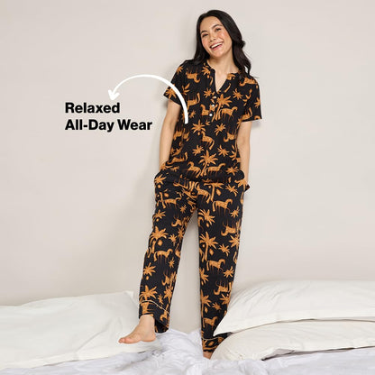 NYKD (NYS933 Printed Rayon Coords Night Suit for Women | Relaxed Fit V Neck Top with Non Slip Adjustable Waistband Pyjama Pants