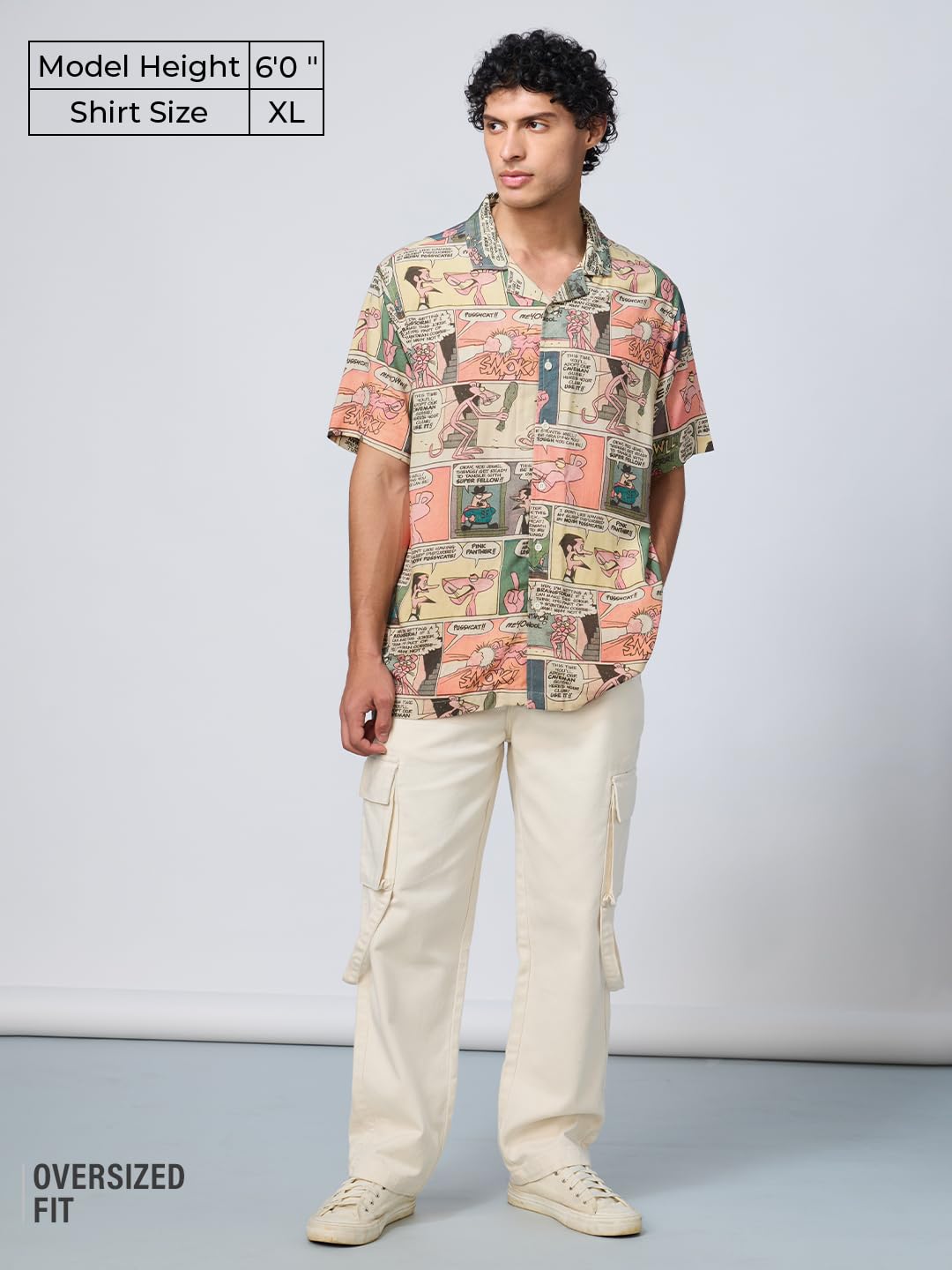 The Souled Store Pink Panther: Comics Men and Boys Short Sleeves Collared Neck Button Front Multicolor All Over Printed Viscose