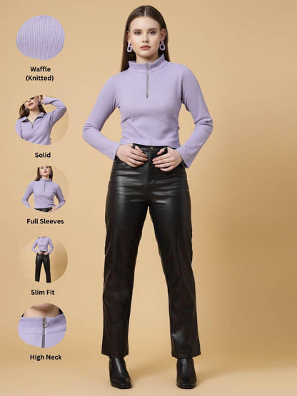 Rigo High Collar Zipper Waffle Knit Top for Women | Casual Long Sleeves Western Tops for Women
