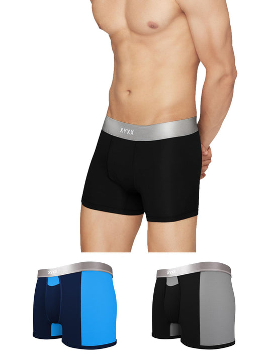XYXX Mens Underwear Illuminati IntelliSoft Antimicrobial Micro Modal Trunk Pack of 3 (Black Iris & Brilliant Blue;Black; Black