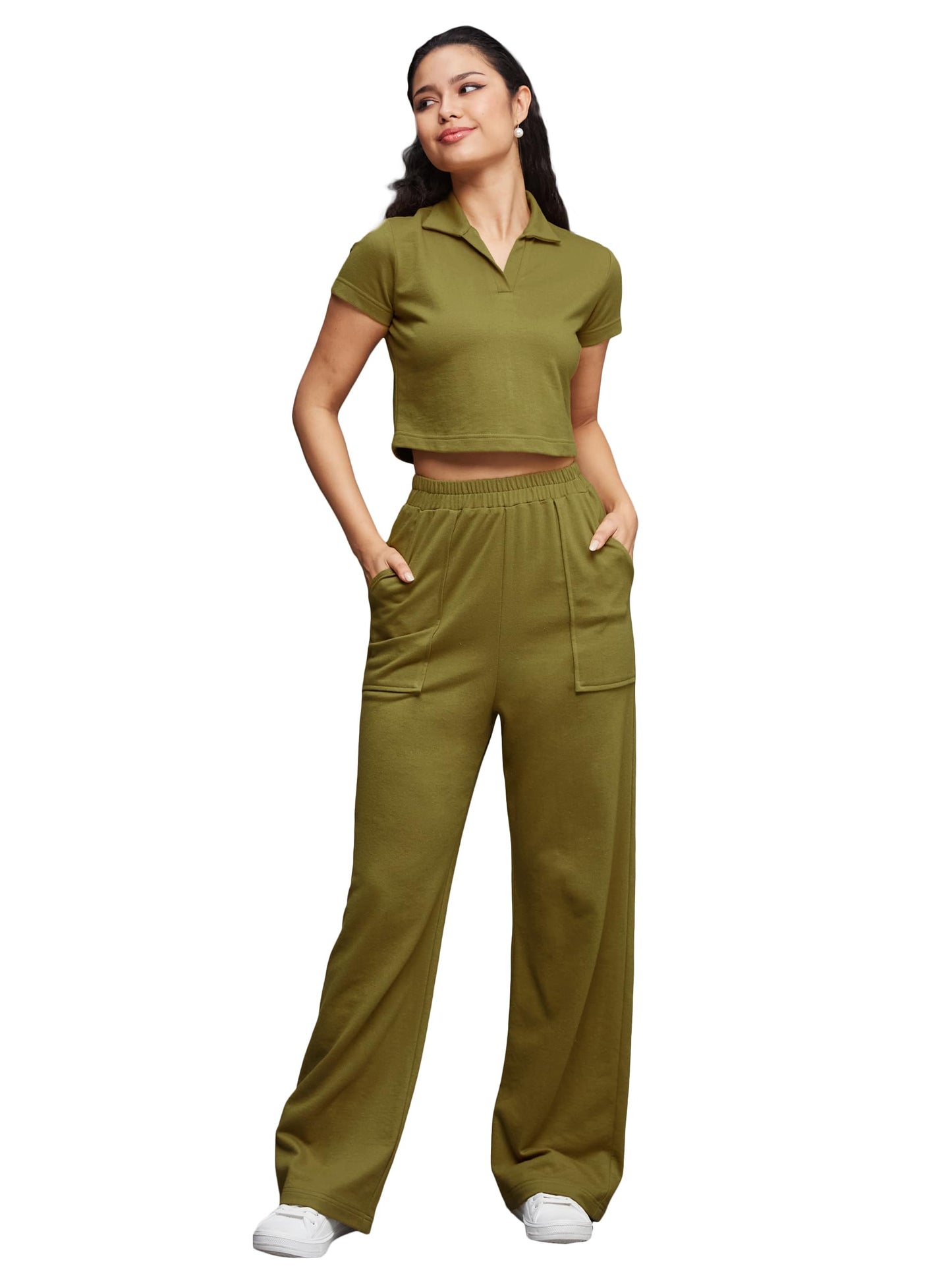 Miss Chase Womens Shirt Collar Short Sleeve Solid Regular Length Cotton Sporty Co-Ord Set with Pockets (MCSS23C01-09-187-05, Ol