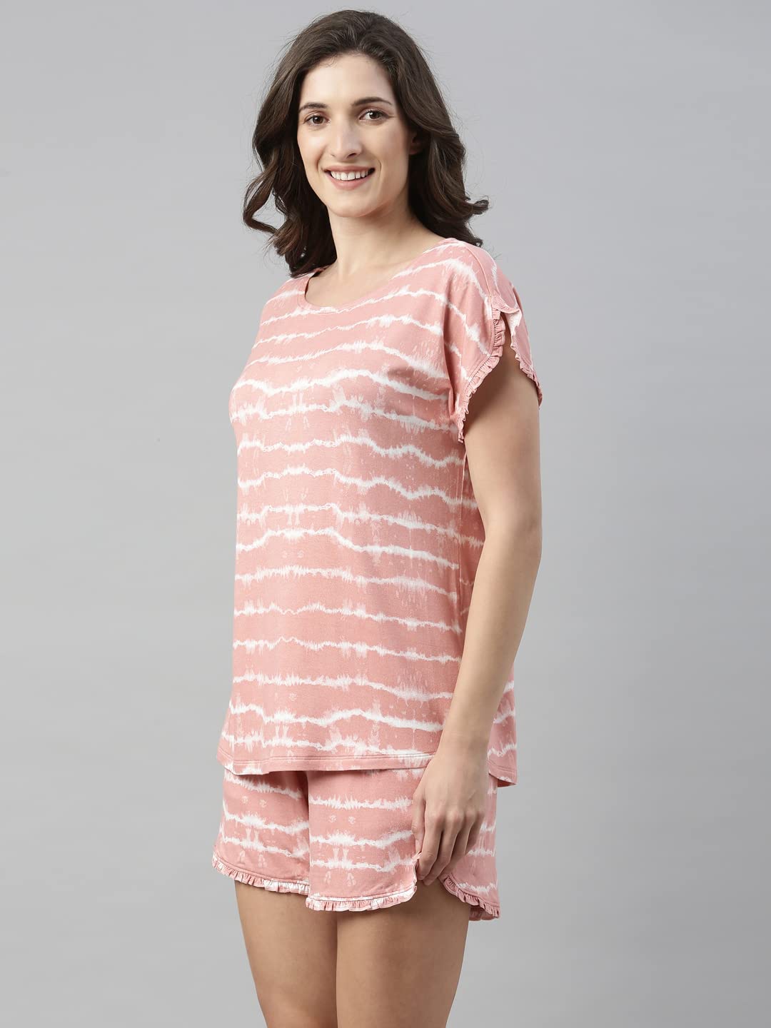 Enamor Essentials Womens Relaxed Fit Modal Fabric Short Sleeve Printed Shirt and Mid-Rise Mid-Thigh Length Slounge Shorts Set -