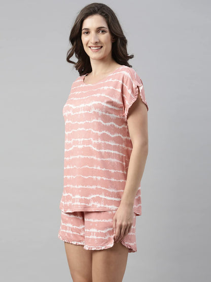 Enamor Essentials Womens Relaxed Fit Modal Fabric Short Sleeve Printed Shirt and Mid-Rise Mid-Thigh Length Slounge Shorts Set -