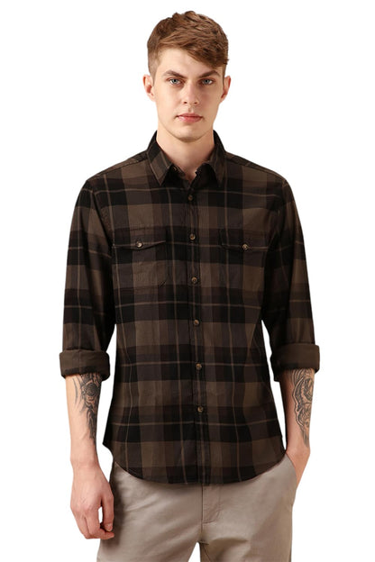 Dennis Lingo Men Brown 100% Cotton Full Sleeve Spread Collar Checks Shirts