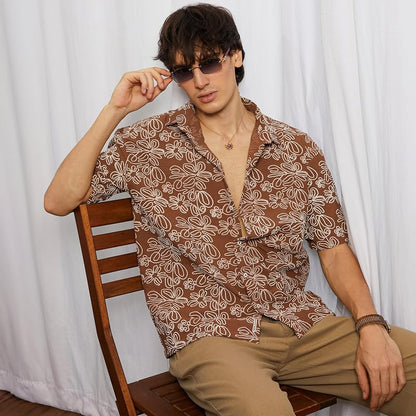 Campus Sutra Mens Mocha Brown Floral-Lined Oversized Shirt for Casual Wear | Spread Collar | Short Sleeve | Button Closure | Ov