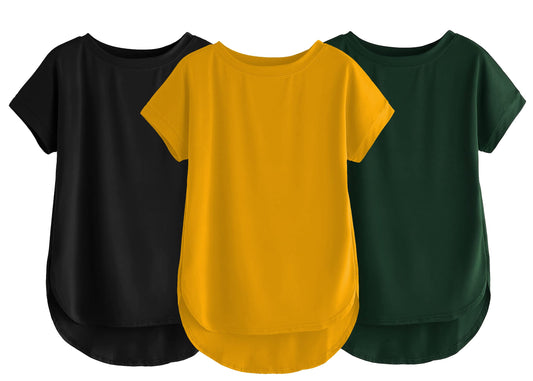 Fabricorn Combo Of Three Plain Bottle Green, Black And Mustard Yellow Round Neck Up And Down Cotton Tshirt For Women (Bottle Gre