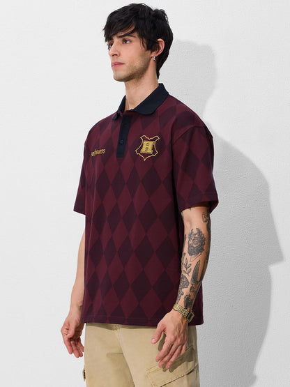 The Souled Store Jacquard Polo: Harry Potter Hogwarts Men and Boys Short Sleeve Collared Neck Cotton Oversized Polos Maroon