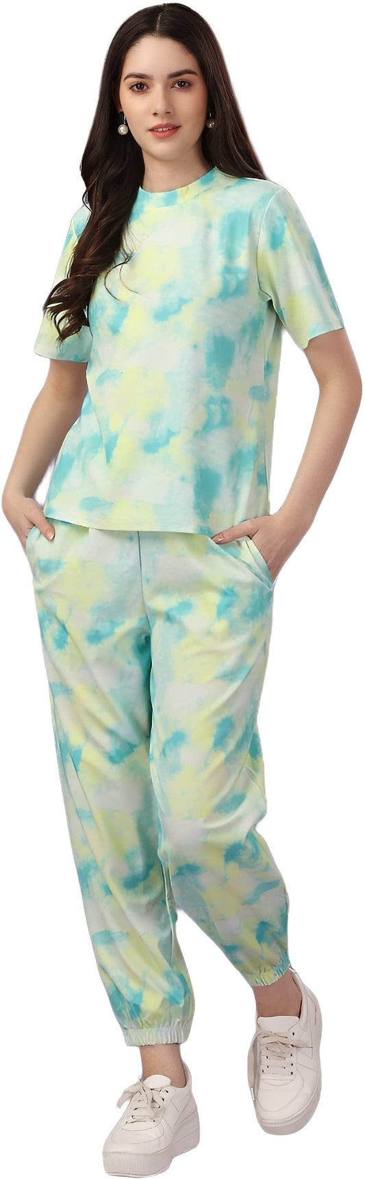 ELLITI Womens Soft Poly Cotton Tie-Dye Printed Crop Length T-Shirt and Pyjama Night Suits Set | Co-ord | Nightwear | Loungewear
