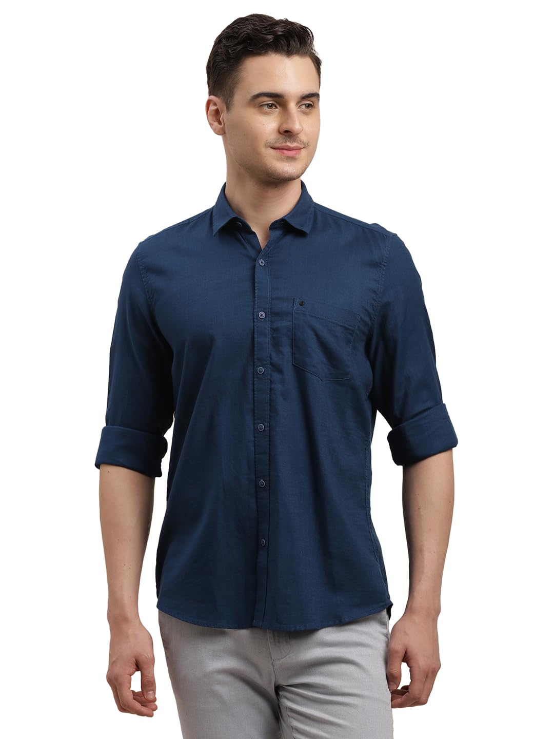 Turtle Men 100% Cotton Solid Slim Fit Blue Casual Shirt
