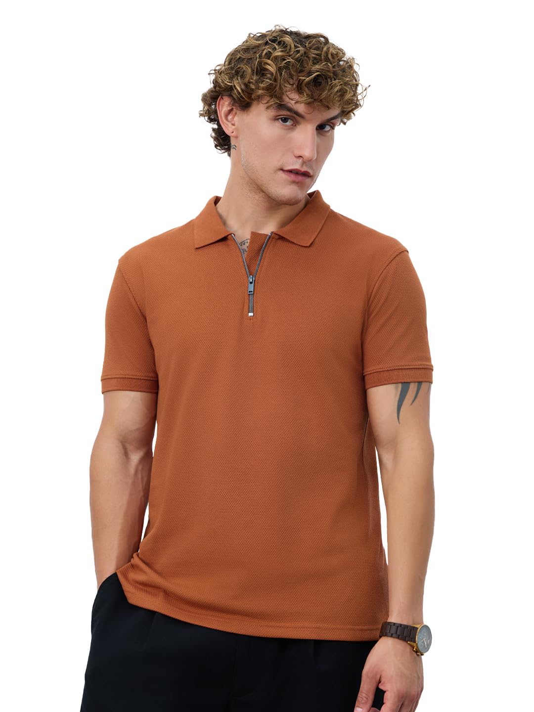 The Souled Store Textured Polo: Burnt Orange Men and Boys Short Sleeves Collared Neck Solid Cotton Blend Regular Fit Zipper Polo